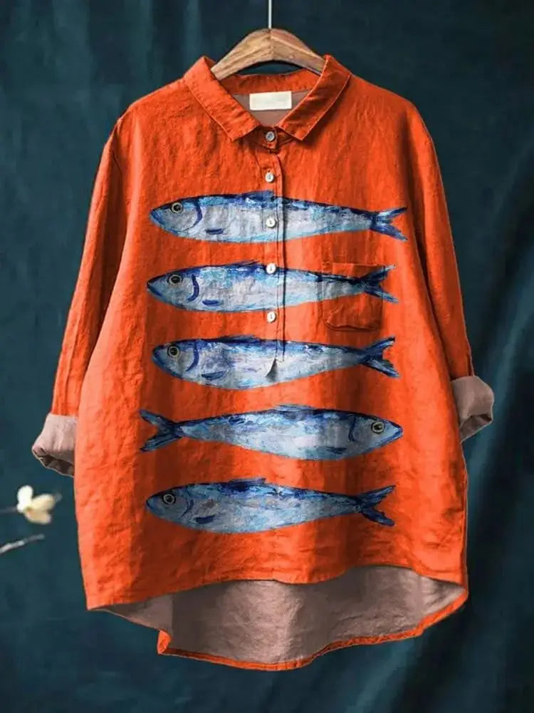 Sophia - Vintage Fish Sardines Art Print Cotton Linen Shirt