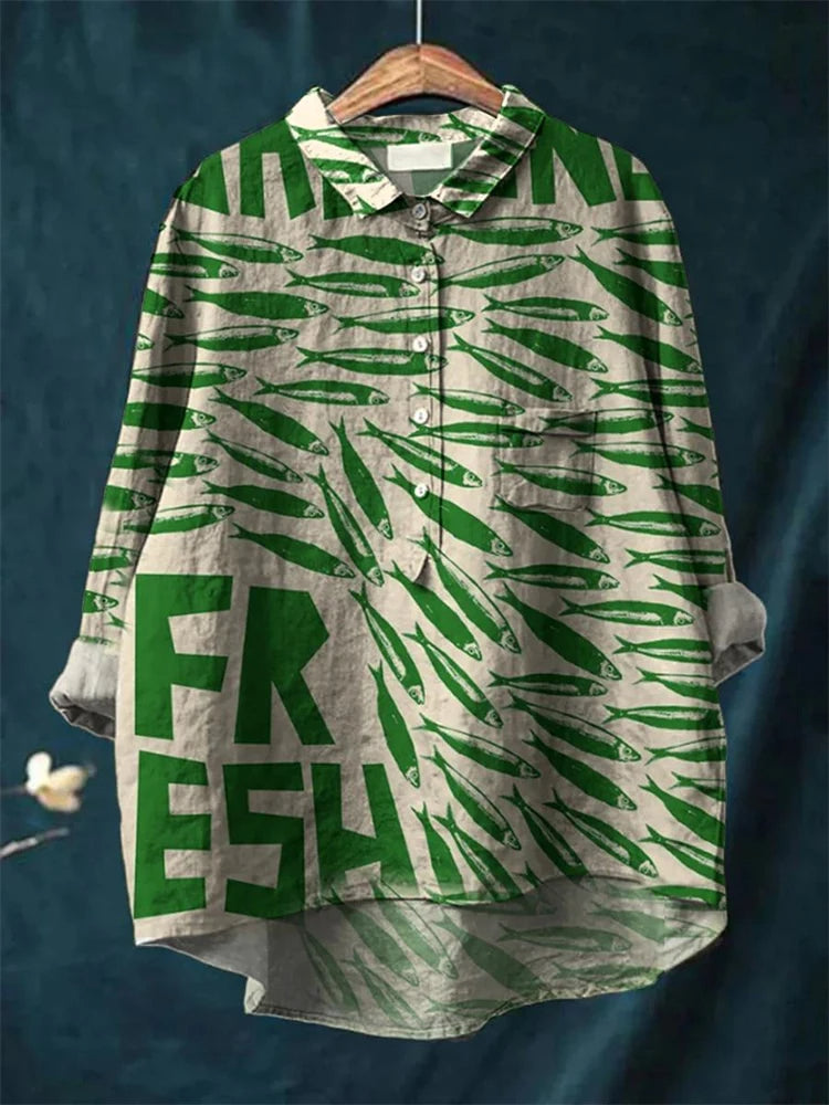 Sophia - Vintage Fish Sardines Art Print Cotton Linen Shirt