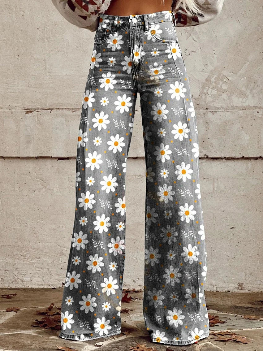 Kylie | Playful Daisy Print Wide Jeans