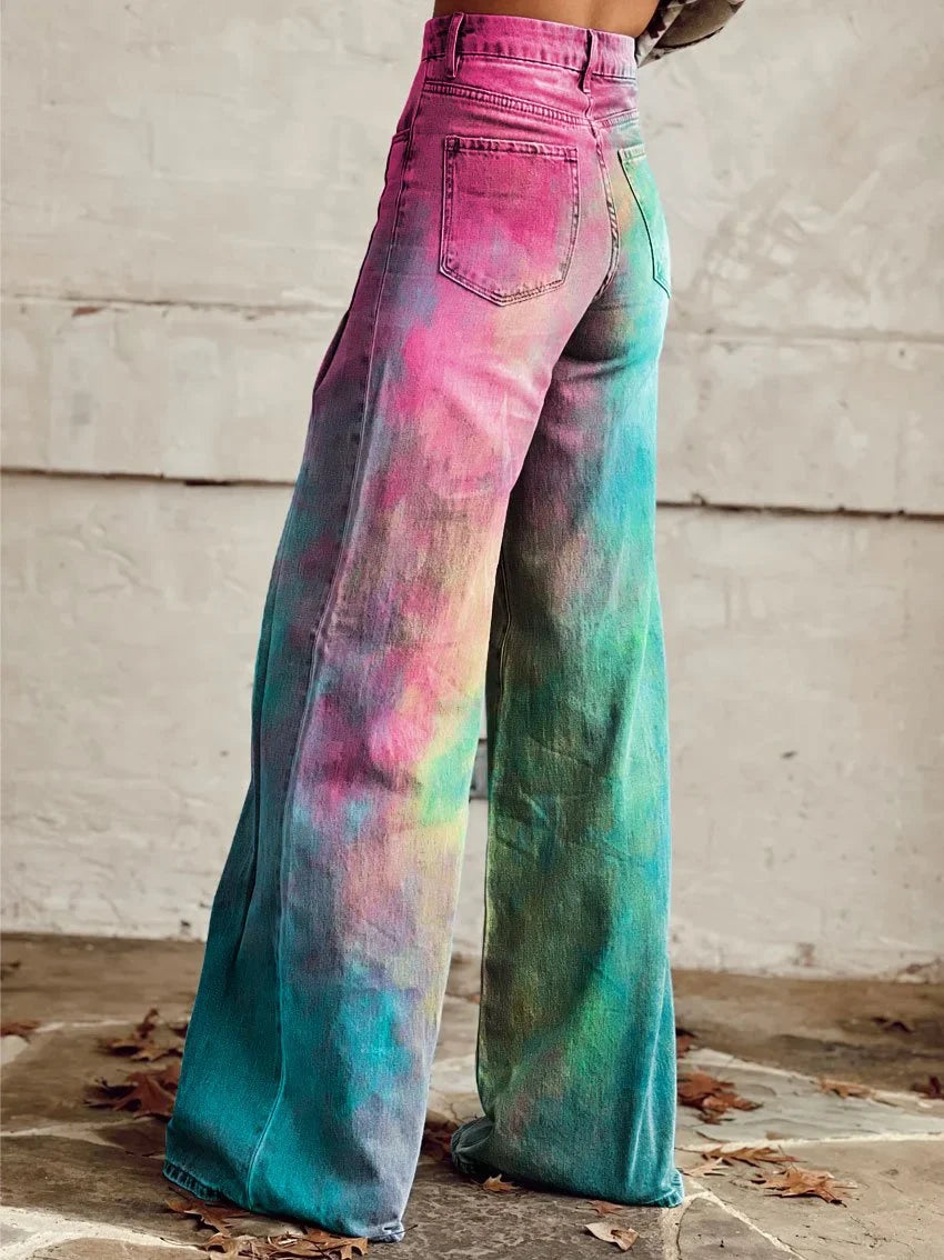 Leah | Vibrant Rainbow Wash Wide Jeans
