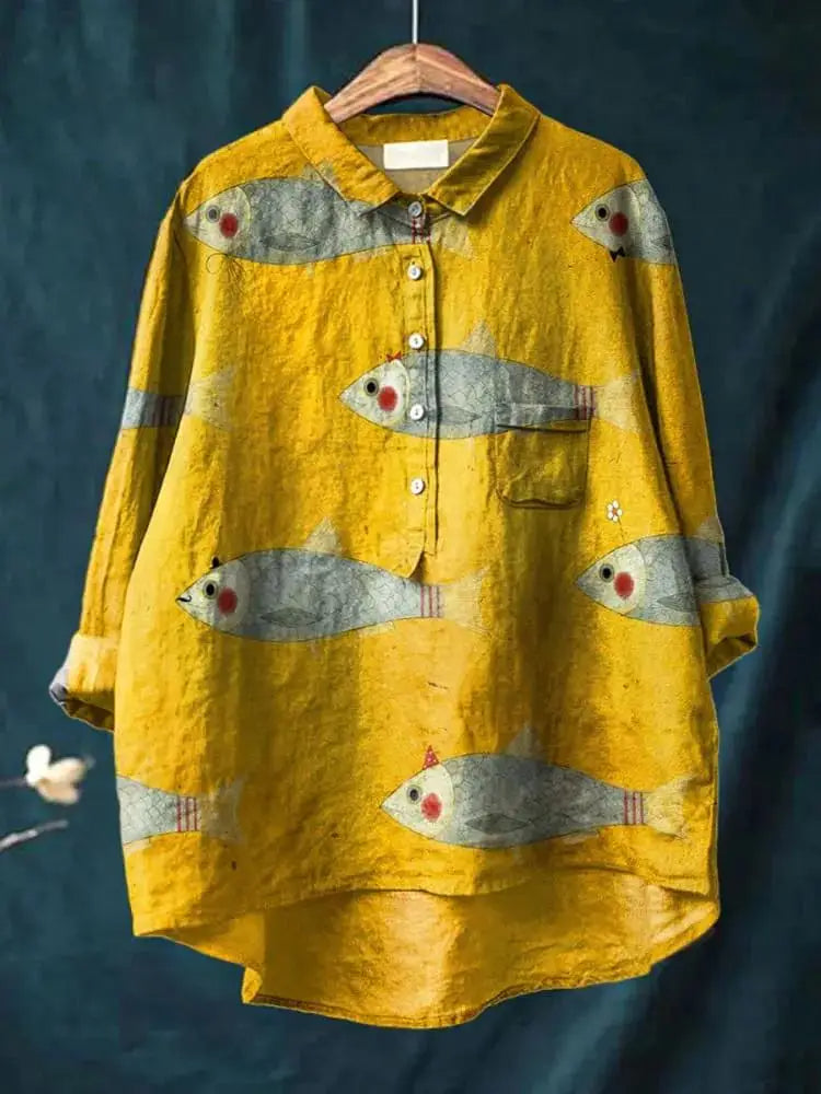 Sophia - Vintage Fish Sardines Art Print Cotton Linen Shirt