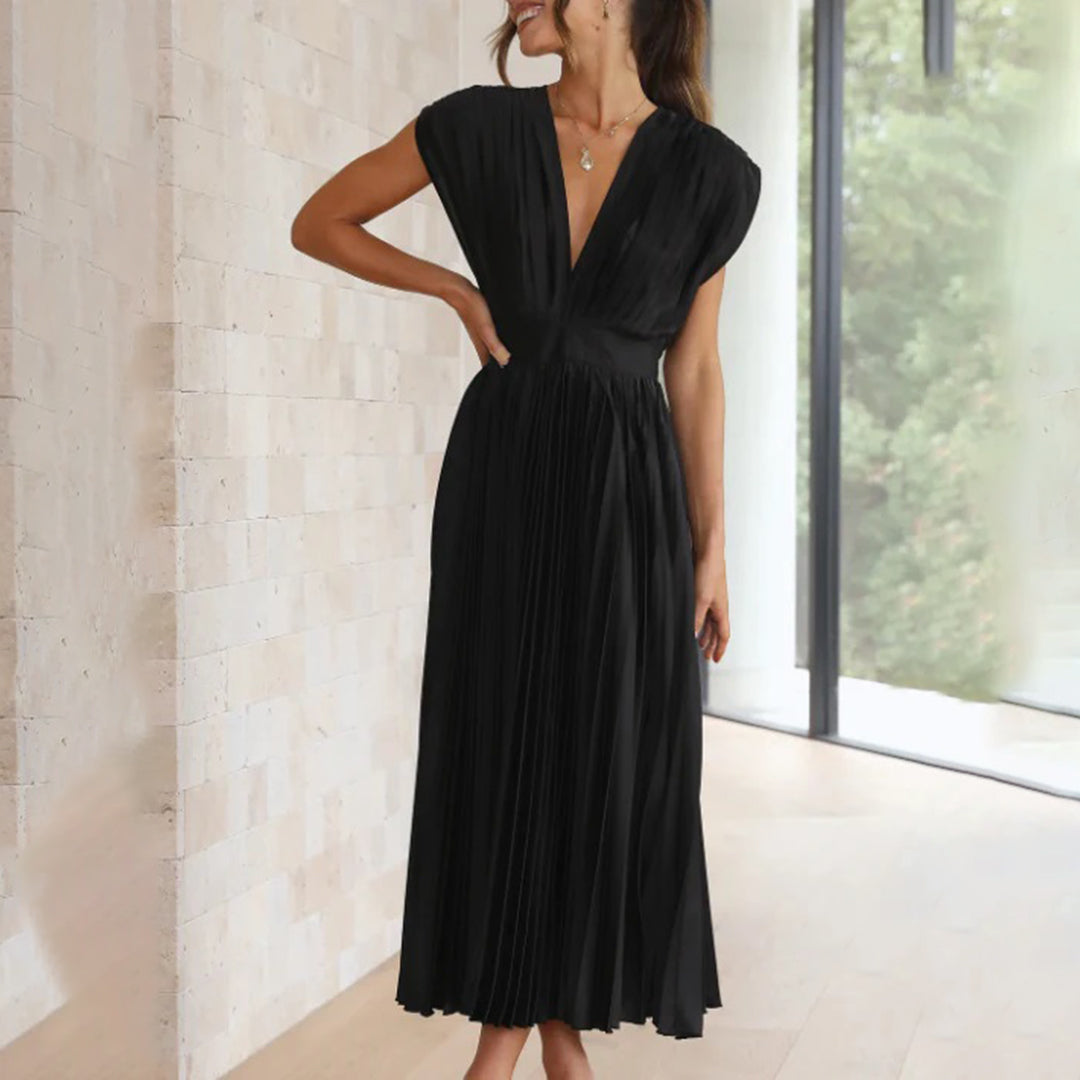 Sophie | Pleated Deep V Midi Dress
