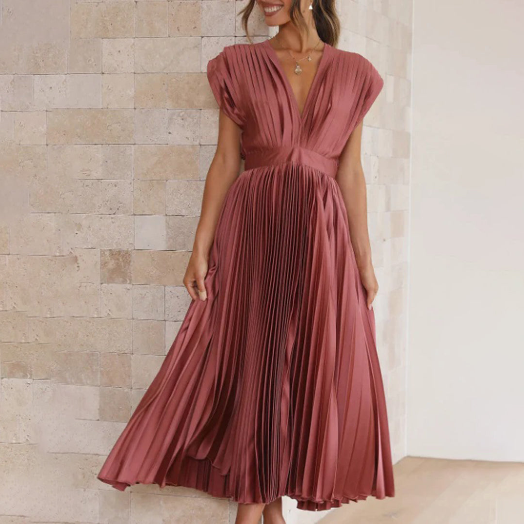 Sophie | Pleated Deep V Midi Dress