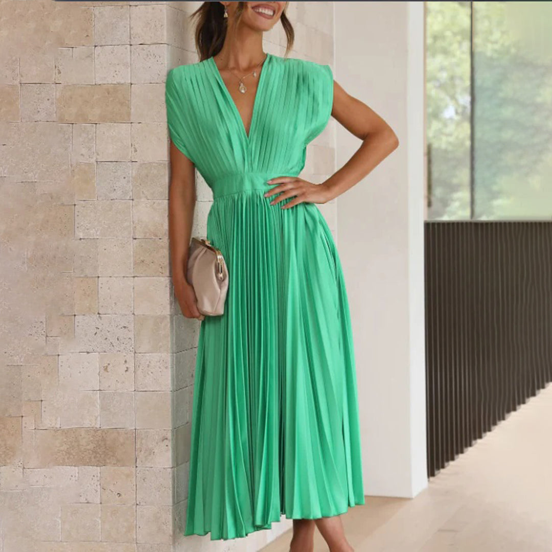 Sophie | Pleated Deep V Midi Dress