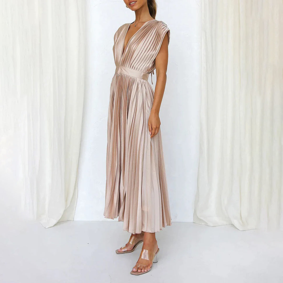 Sophie | Pleated Deep V Midi Dress