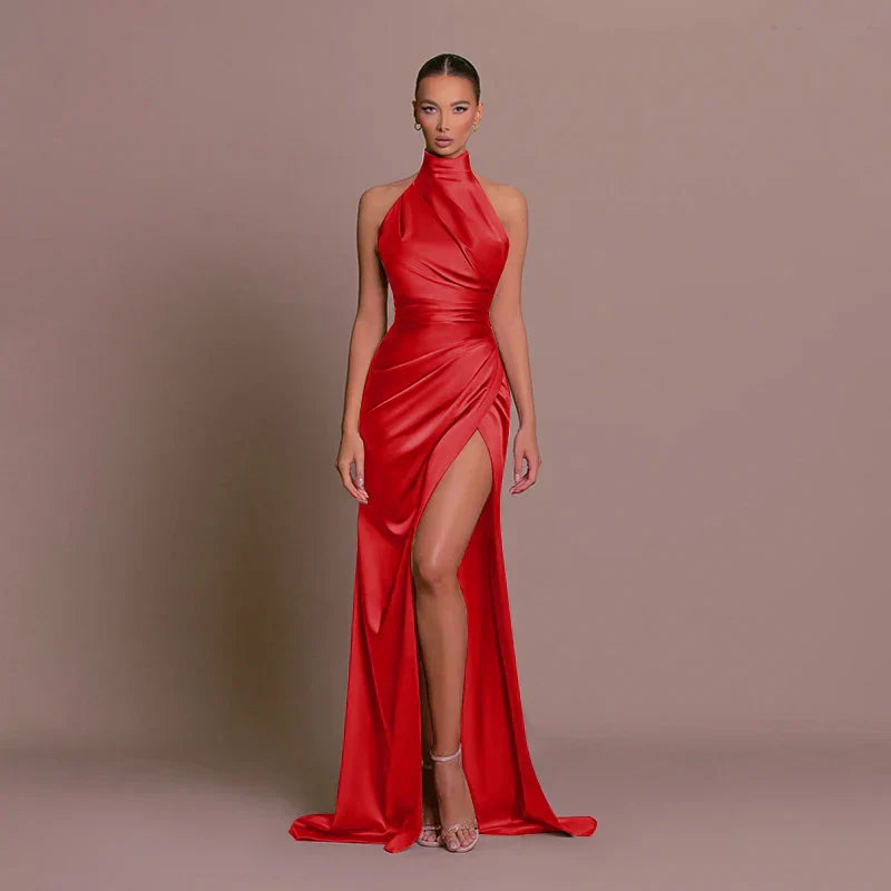 Anastasia | Halterneck Satin Split Gown
