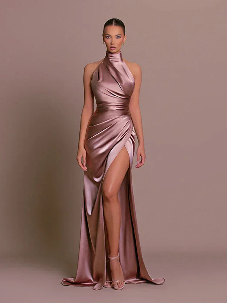 Anastasia | Halterneck Satin Split Gown