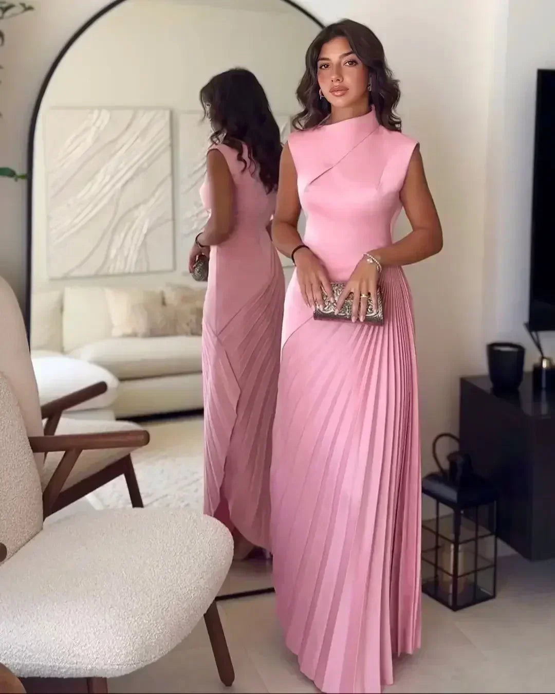 Angelica | Stylish Pleated Mock Neck Dress