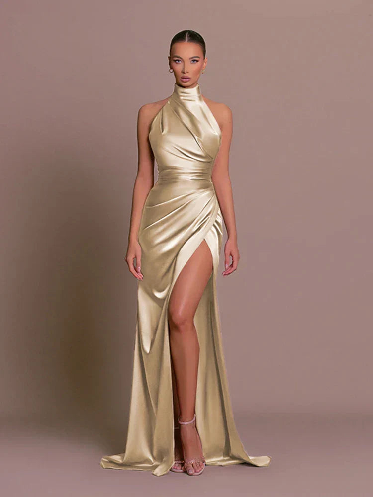 Anastasia | Halterneck Satin Split Gown
