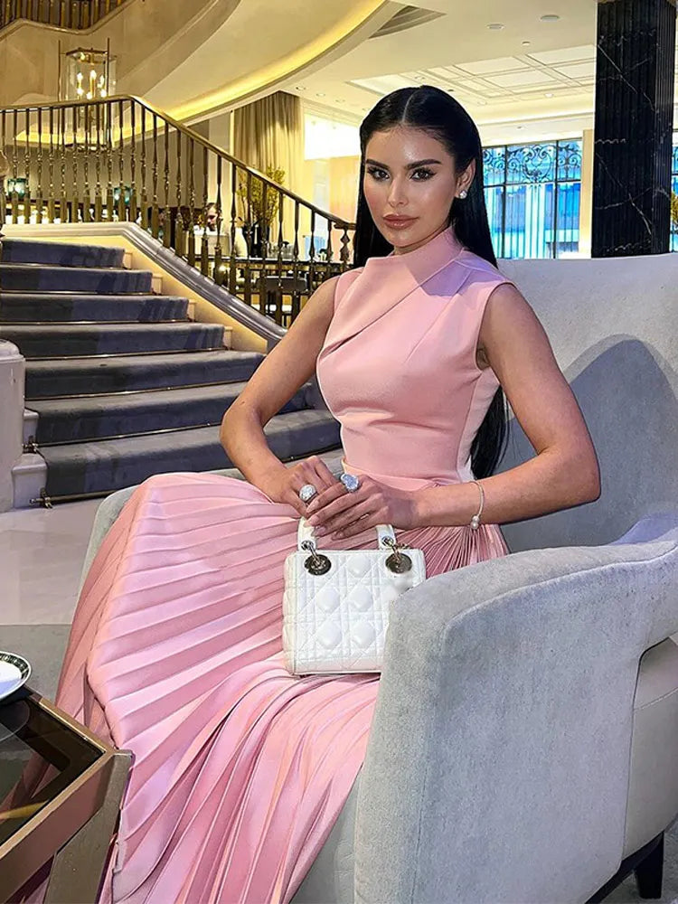 Angelica | Stylish Pleated Mock Neck Dress