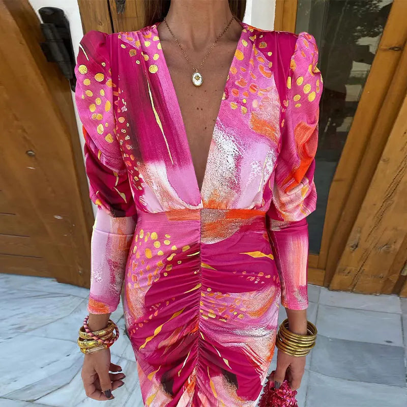 Annabelle | Deep V Abstract Midi Dress
