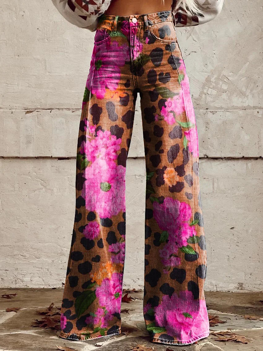 Erica | Floral Leopard Print Wide-Leg Jeans