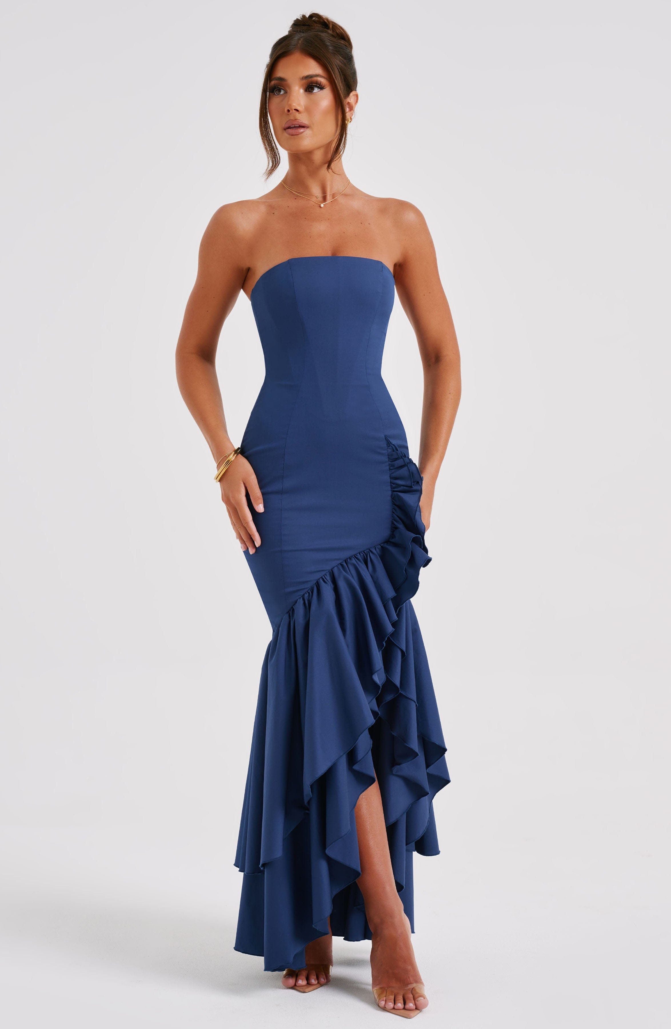 Angela | Strapless Ruffle Slit Gown