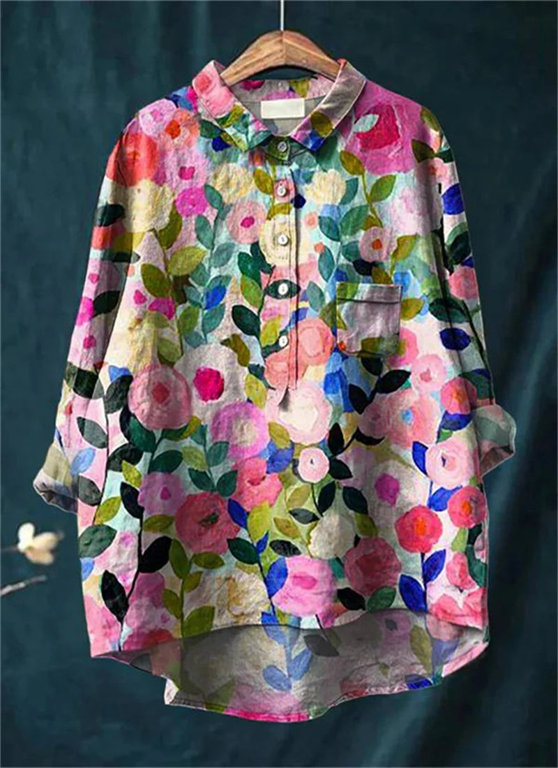 Flora™ - Vintage Colorful Floral Art Print Cotton Linen Shirt