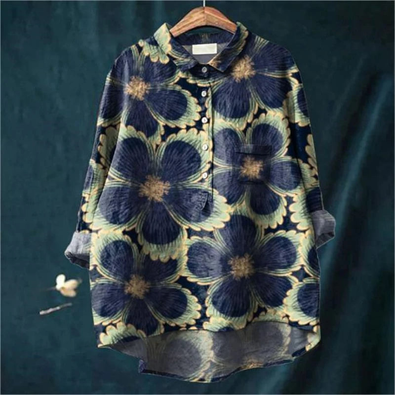 Flora™ - Vintage Colorful Floral Art Print Cotton Linen Shirt
