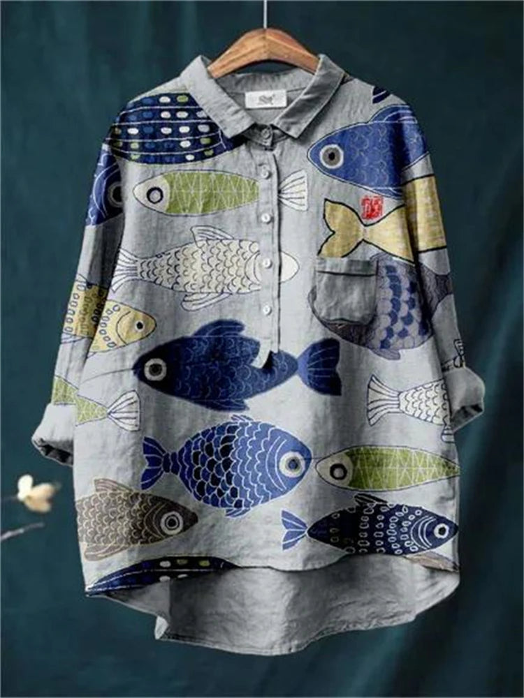 Sophia - Vintage Fish Sardines Art Print Cotton Linen Shirt