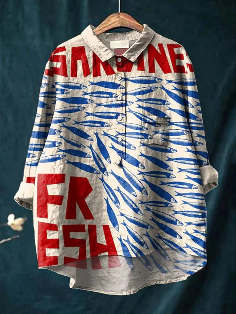 Sophia - Vintage Fish Sardines Art Print Cotton Linen Shirt
