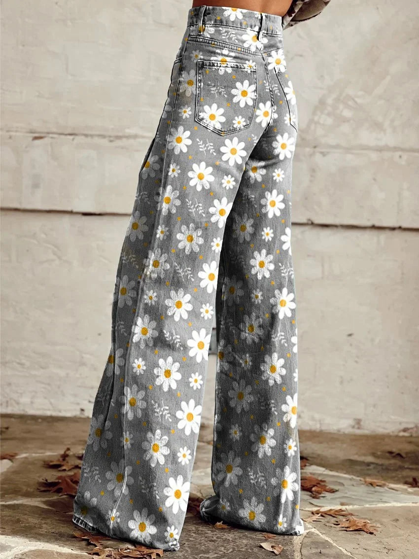 Kylie | Playful Daisy Print Wide Jeans