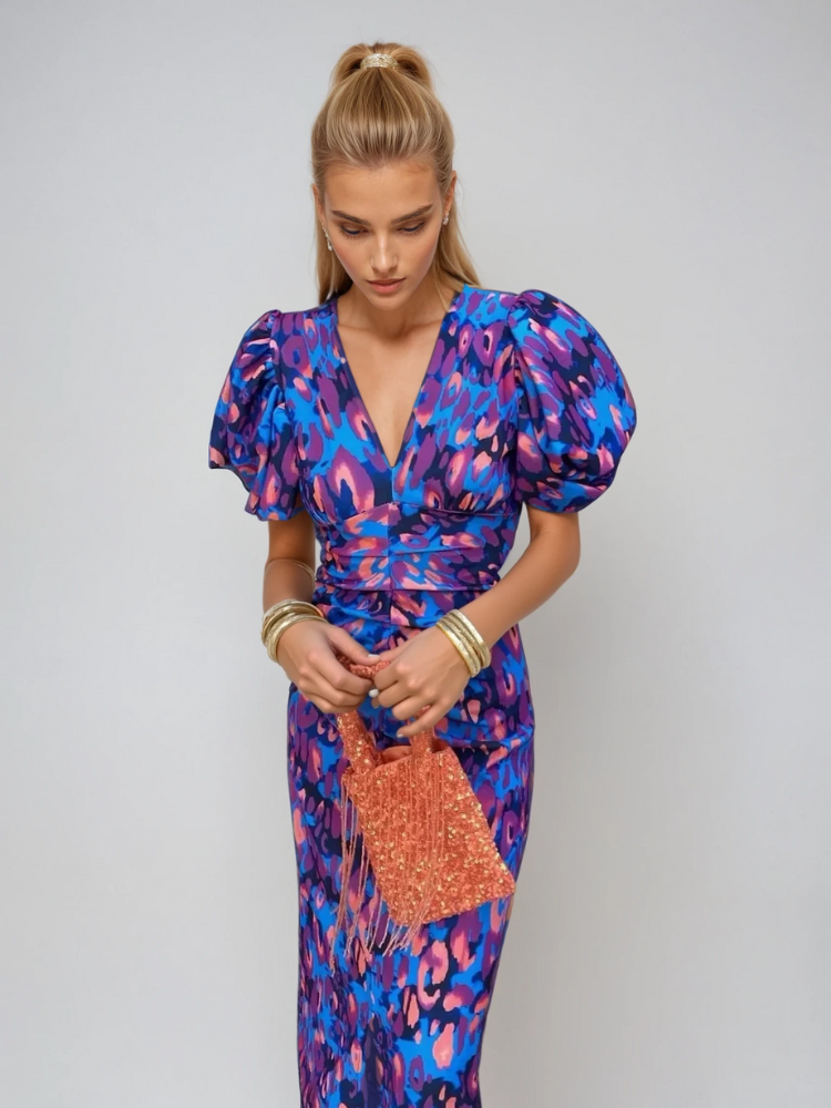 Arielle – Colorful Midi Dress with Pleated Sleeves